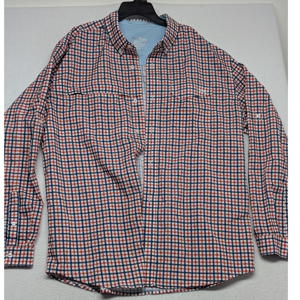Huk Mens XL Performance Plaid Long Sleeve Fishing Shirt Red White Blue Vent